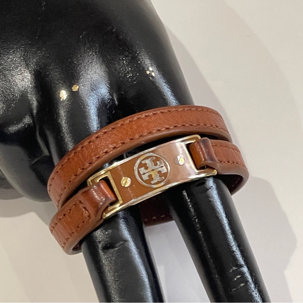 Tory Burch Brown Double-wrap Leather Logo Studded Bracelet
